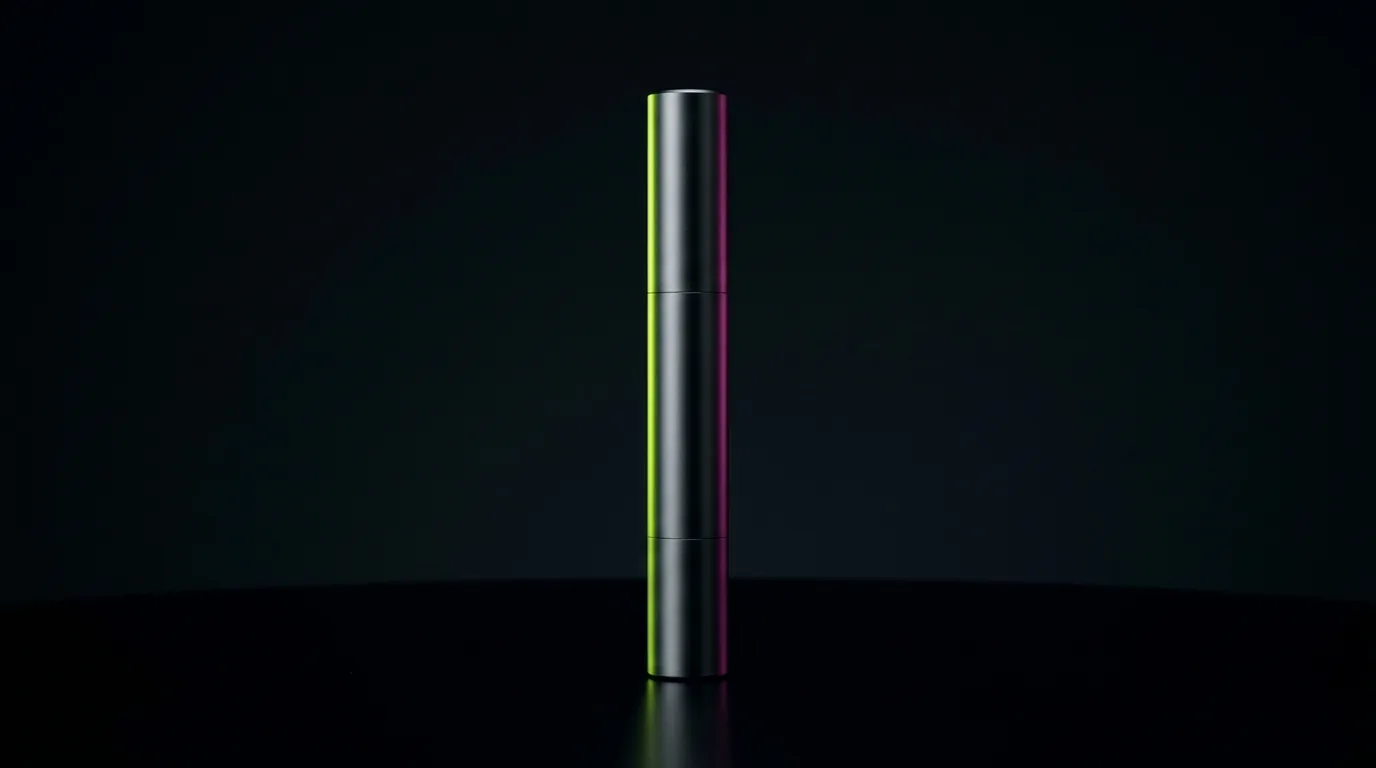 A sleek cylindrical product stands in dramatic dark light with neon lime-green rim lighting